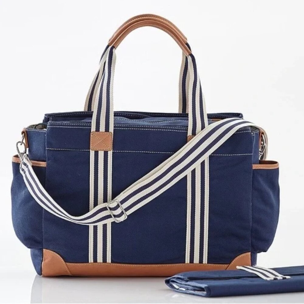 Pottery Barn Classic Diaper Bag with Leather Handles and Trim Monogram C Navy